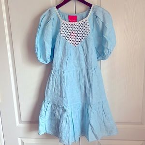 Lilly Pulitzer Light Blue Linen Puff-Sleeve Dress with White Crochet Yoke